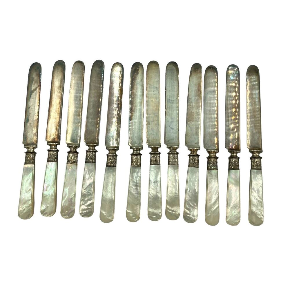 Set of 12 Vintage Unmarked Mother of Pearl Handle Knives Sterling Ferrules